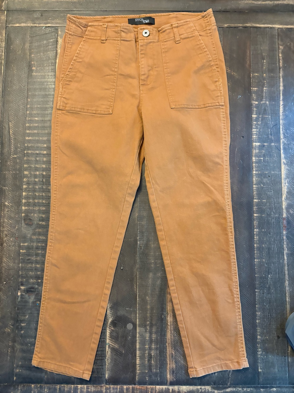 Stitch Star Women's Ankle Cropped Utility Pants Camel Denim Y2K Button Pockets